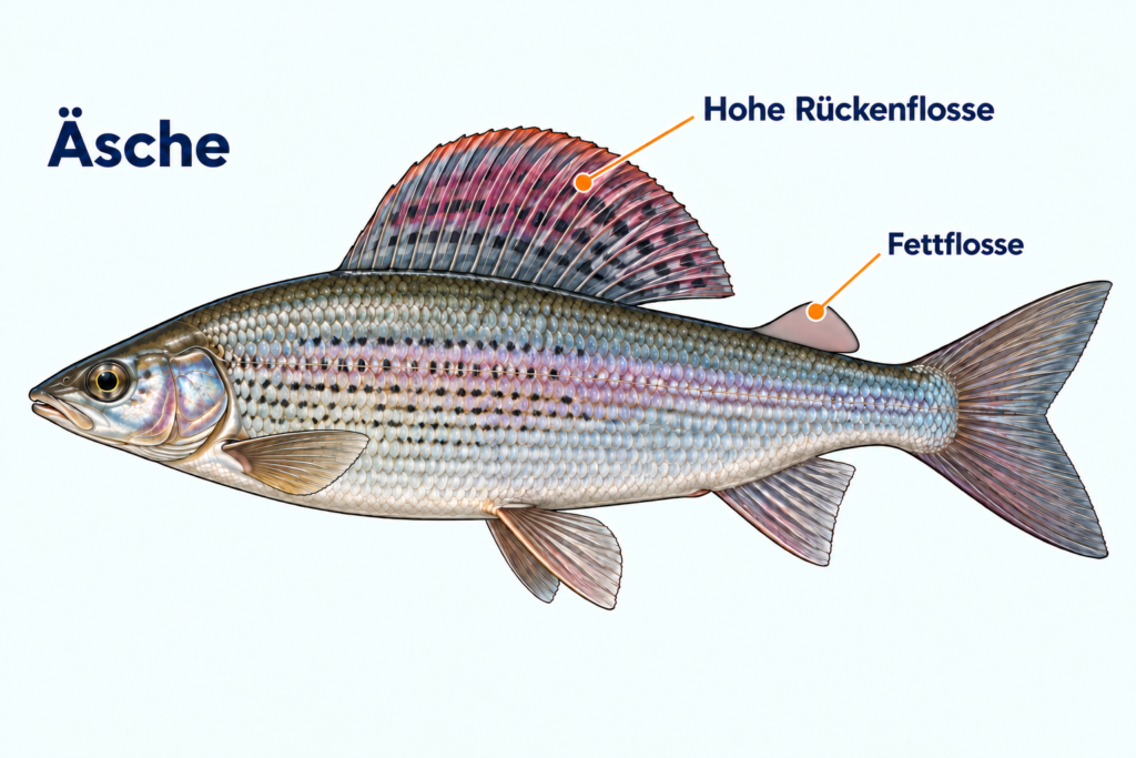 Äsche mit hoher Rückenfahne und glatter kleiner Fettflosse
