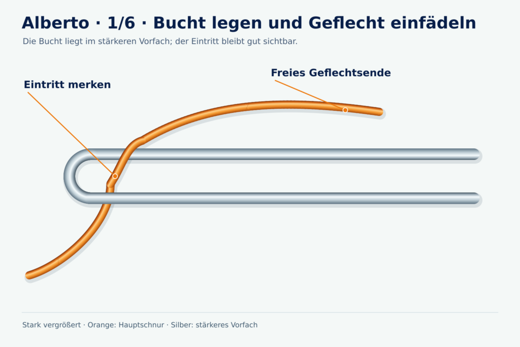 Alberto, Schritt 1: Bucht legen und Geflecht einfädeln Vergrößerte Lernzeichnung: Alberto, Schritt 1 – Bucht legen und Geflecht einfädeln