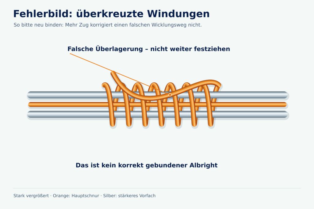 Ausdrücklich als falsch beschriftete Albright-Wicklung mit überkreuztem orangefarbenem Schnurverlauf