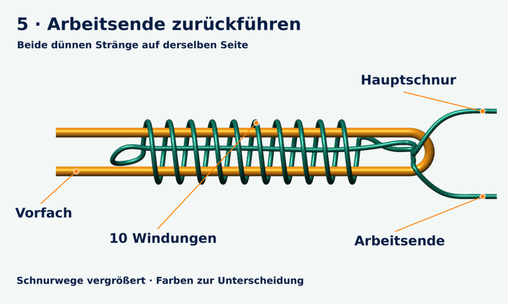 Zehn grüne Windungen mit Rückführung des Arbeitsendes durch die orangefarbene Vorfachbucht auf dieselbe Vorderseite wie der ankommende Strang