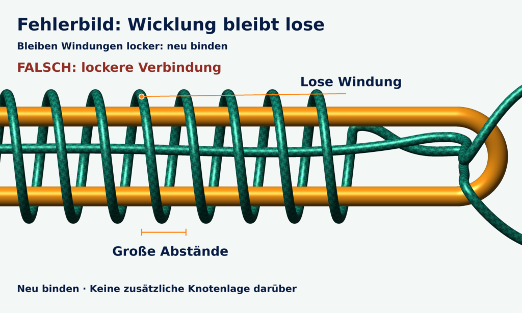 Vergrößerter Ausschnitt locker stehender grüner Windungen über orangefarbenem Vorfach, deutlich als falsch und neu zu binden beschriftet