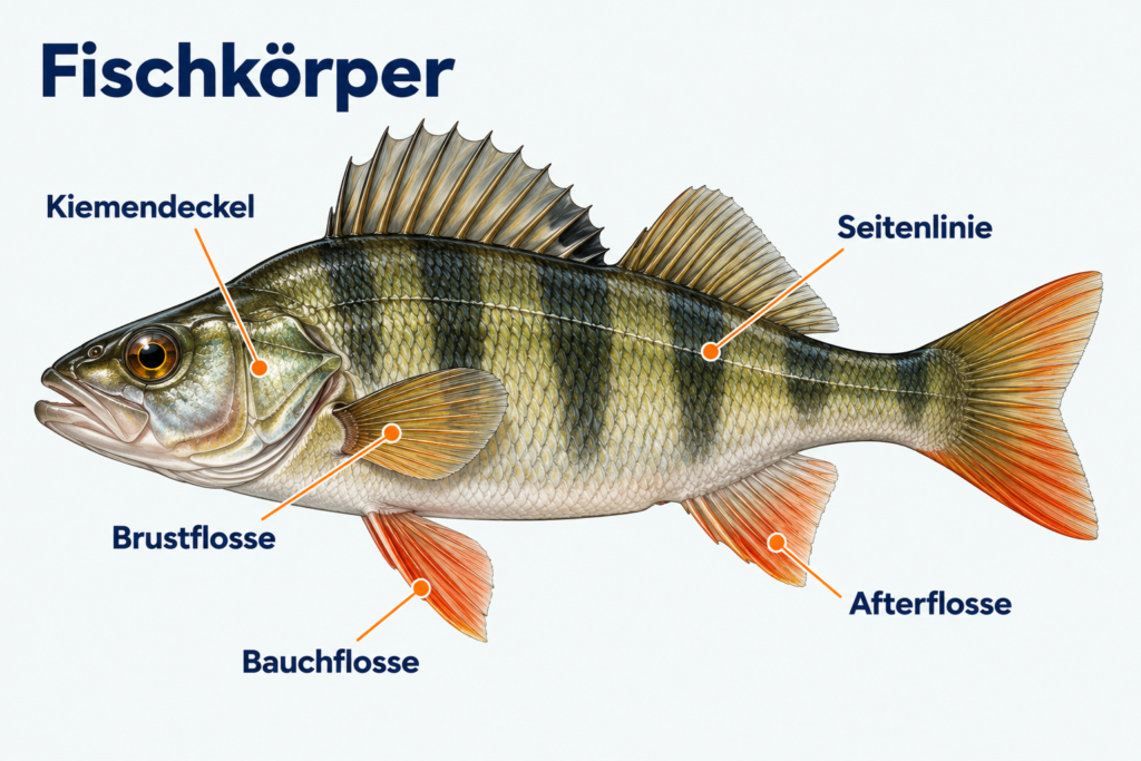 Seitliche Fischzeichnung mit markiertem Kiemendeckel, Seitenlinie, Brust-, Bauch- und Afterflosse