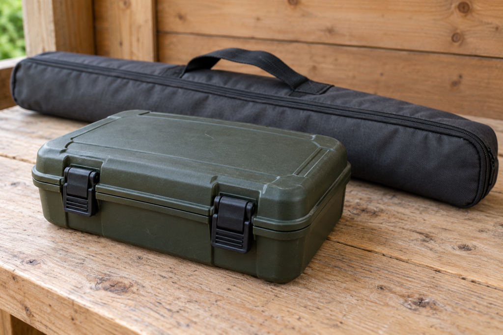 Geschlossene grüne Köderbox mit zwei zugeklappten schwarzen Verschlüssen neben einem geschlossenen gepolsterten Futteral auf einer Holzfläche