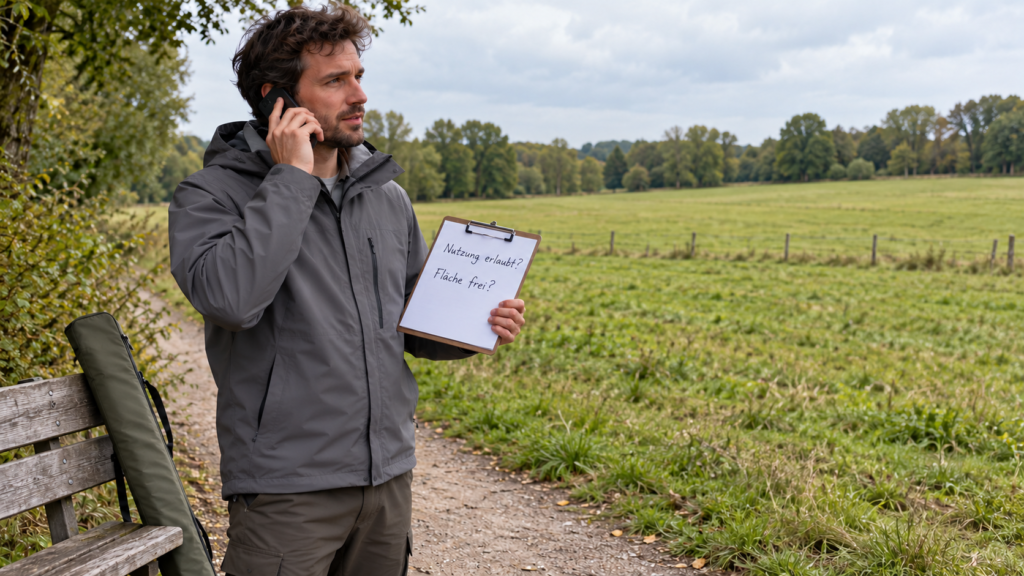 Ein Erwachsener telefoniert auf einem Weg am Wiesenrand; auf einem Klemmbrett stehen die offenen Fragen „Nutzung erlaubt?“ und „Fläche frei?“.