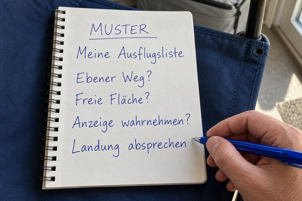 Beschrifteter Musterblock auf einem blauen Stuhl mit Fragen zu Weg, Fläche, Anzeige und Landung; daneben hält eine Hand einen Stift.