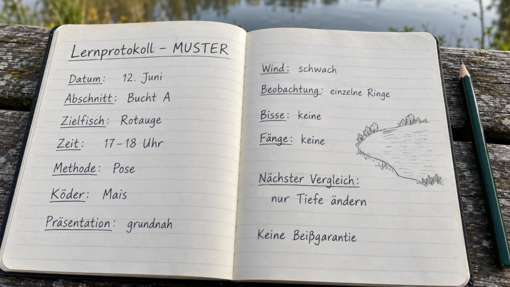 Ausgefülltes Musterprotokoll mit Zeitfenster, Zielfisch, Pose, Mais, Wind und dem Eintrag keine Bisse oder Fänge