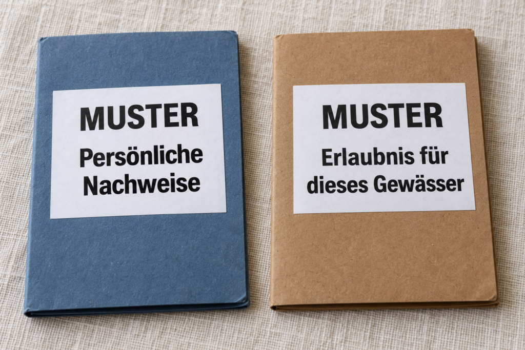 Persönliche Nachweise und Gewässererlaubnis getrennt prüfen Zwei getrennte Musterhüllen: eine blaue für persönliche Nachweise und eine braune für die Erlaubnis für dieses Gewässer.