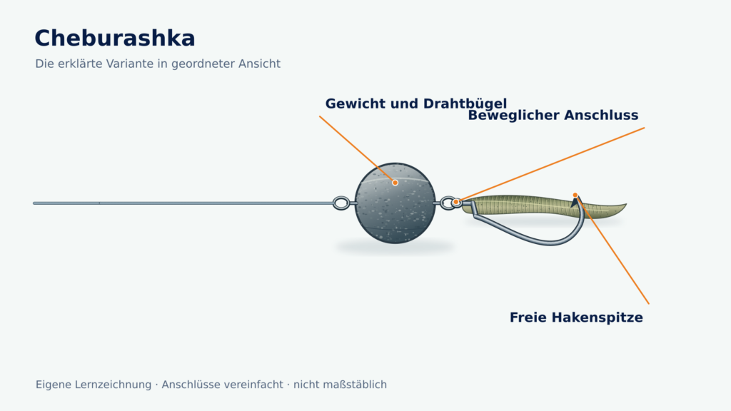 Cheburashka-Gewicht mit zwei Bügelösen zwischen Vorfach und Offsethaken mit Gummiwurm