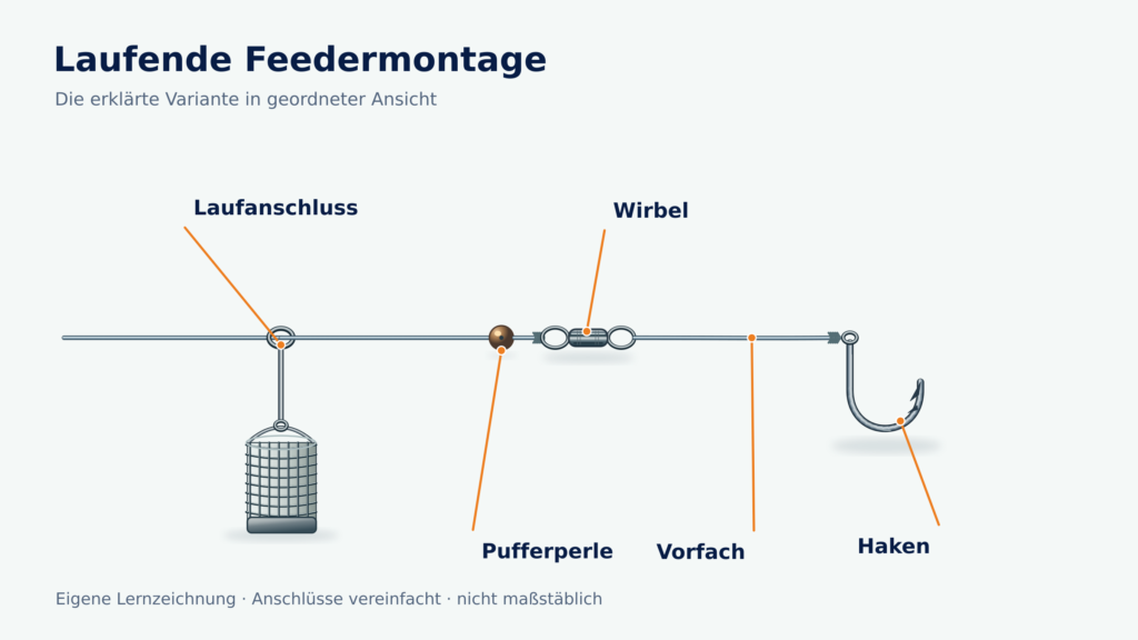 Laufende Feedermontage mit Korb am freien Laufanschluss, Pufferperle, Wirbel und Hakenvorfach