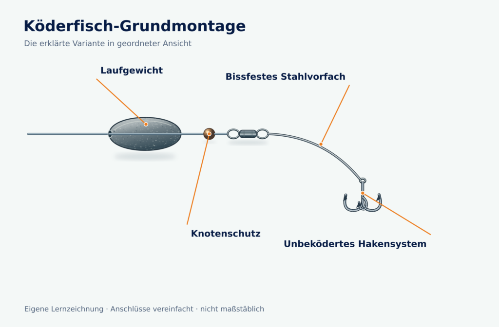 Laufgewicht, Knotenschutz und Wirbel vor einem unbeköderten Stahlvorfach mit beispielhaftem Drilling