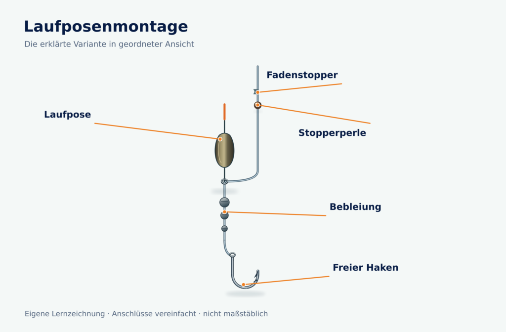 Laufpose am unteren Durchlauf mit darüberliegendem Fadenstopper, passender Perle und Bebleiung
