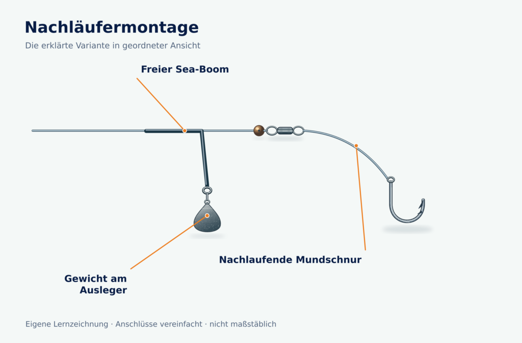 Frei laufender Sea-Boom mit seitlichem Gewicht, Puffer, Endwirbel und nachlaufendem Einhaken-Vorfach