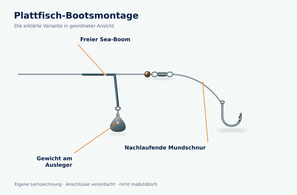 Einhaken-Bootsmontage für Plattfisch mit laufendem Sea-Boom, seitlichem Gewicht und Mundschnur