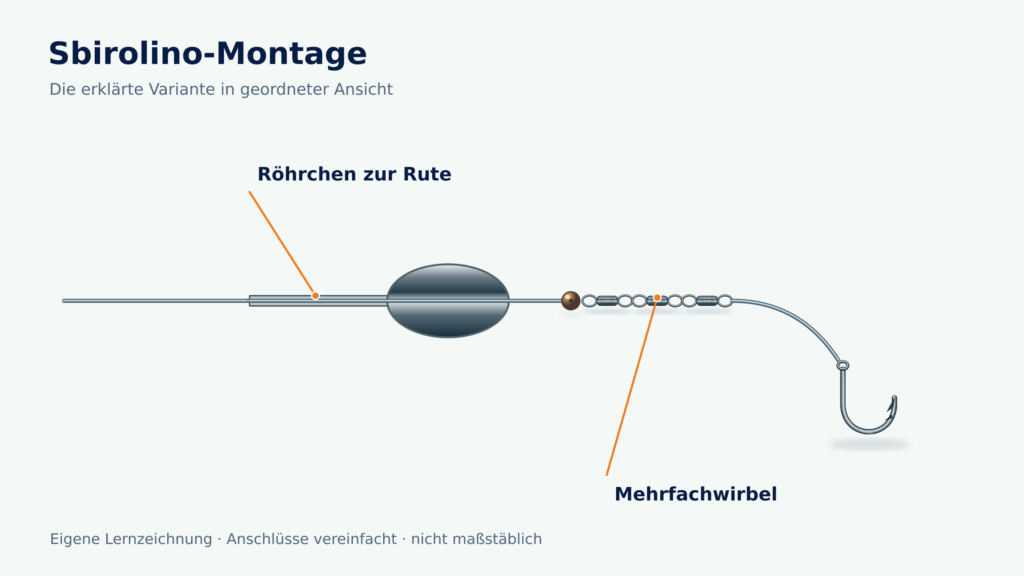 Sbirolino mit langem Röhrchen zur Rutenseite, Pufferperle, Mehrfachwirbel und Hakenvorfach
