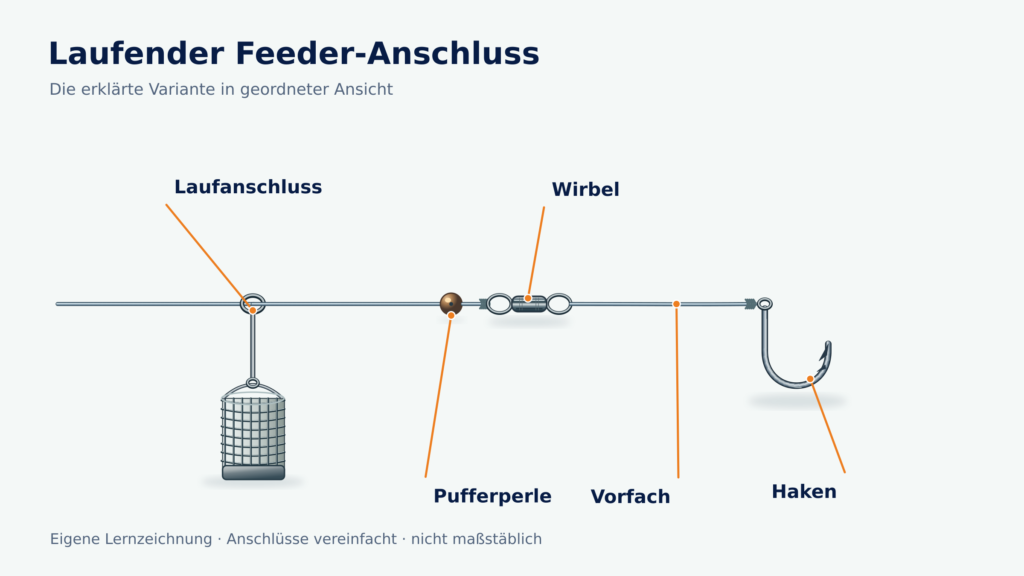 Frei laufender Feederanschluss mit Korb vor Puffer, Wirbel und separatem Hakenvorfach
