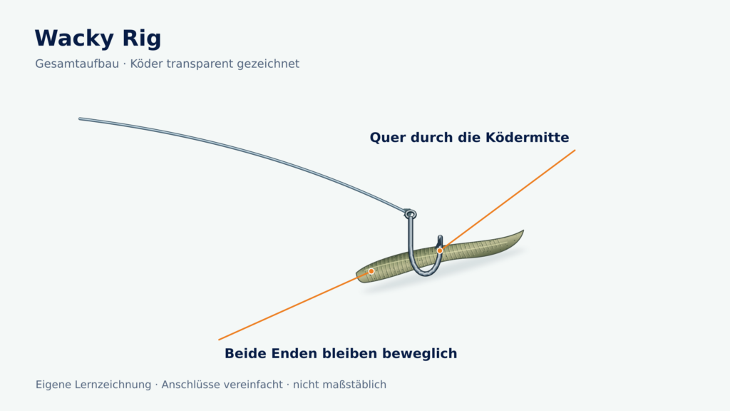 Wacky Rig mit quer durch den mittleren Wurmköder gesetztem Haken und zwei freien Köderenden