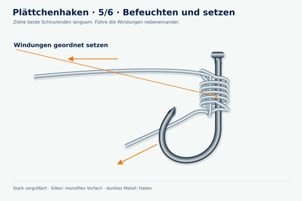 Detaillierte Angeldock-Lernzeichnung, Plättchenhaken, Schritt 5: Befeuchten und setzen