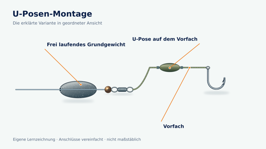 Unbeköderter U-Posen-Aufbau mit Laufgewicht, Pufferperle, kräftigem Wirbel und fixierter U-Pose auf dem Vorfach