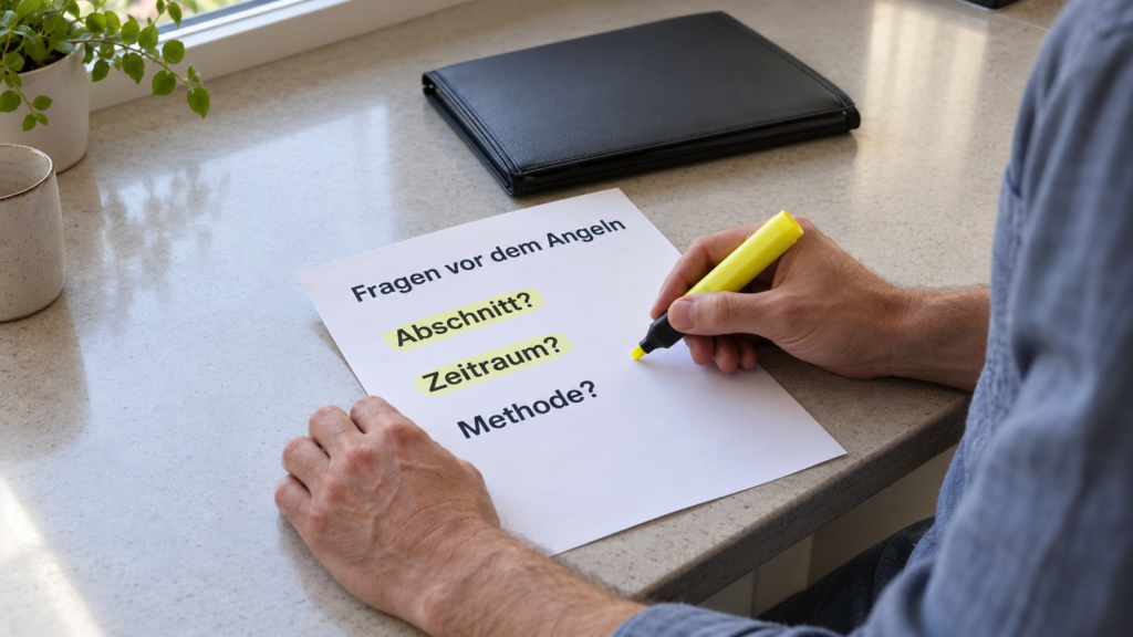 Hände halten einen gelben Textmarker und ein Blatt mit der Überschrift „Fragen vor dem Angeln“ sowie den Fragen „Abschnitt?“, „Zeitraum?“ und „Methode?“; die ersten beiden Fragen sind gelb markiert.