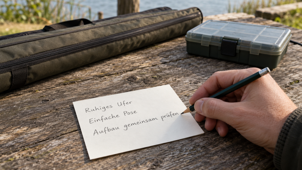 Eine Hand schreibt mit einem Bleistift auf einen Zettel mit den Zeilen „Ruhiges Ufer“, „Einfache Pose“ und „Aufbau gemeinsam prüfen“; dahinter liegen ein geschlossenes Futteral und eine geschlossene Box.