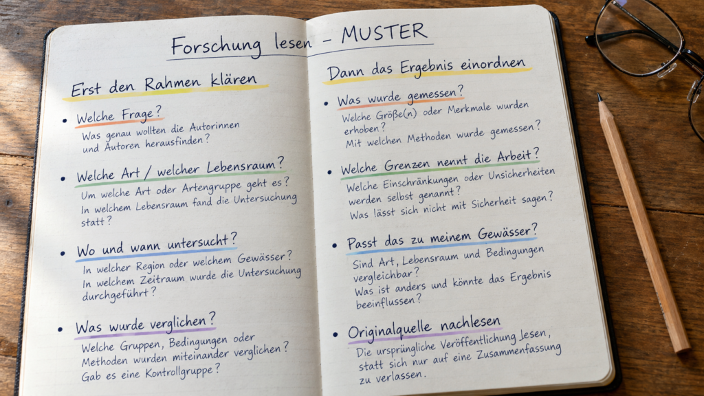 Muster eines Lesechecks mit Fragen zu Untersuchungsrahmen, Vergleich, Messung, Grenzen und Originalquelle