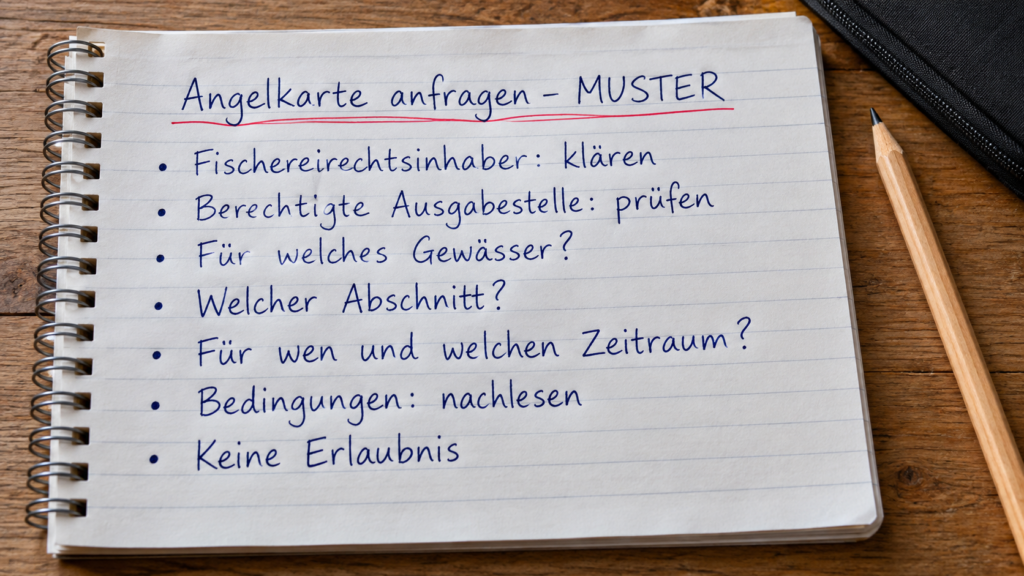 Muster-Notizseite zu Fischereirechtsinhaber, berechtigter Ausgabestelle, Gewässer, Abschnitt und Zeitraum.