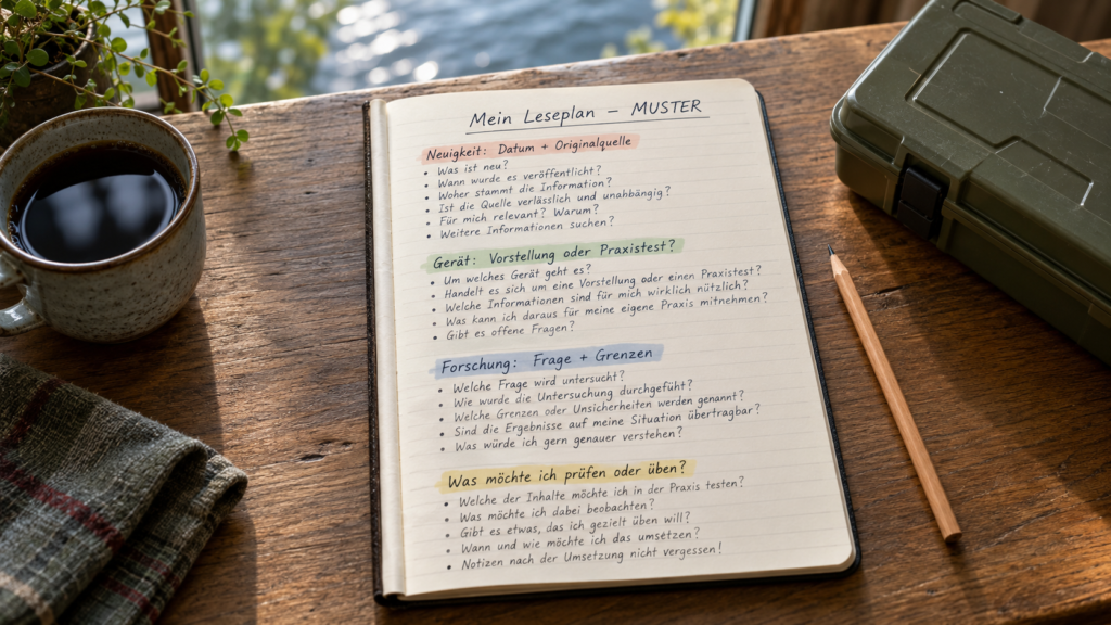 Muster eines Leseplans mit getrennten Leitfragen zu Neuigkeiten, Gerät, Forschung und eigenen Lernschritten