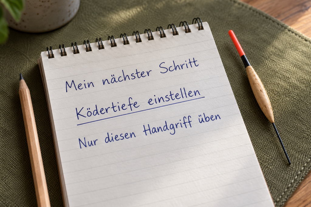 Notizblock mit dem nächsten Übungsziel „Ködertiefe einstellen“, daneben eine lose Pose und ein Bleistift.