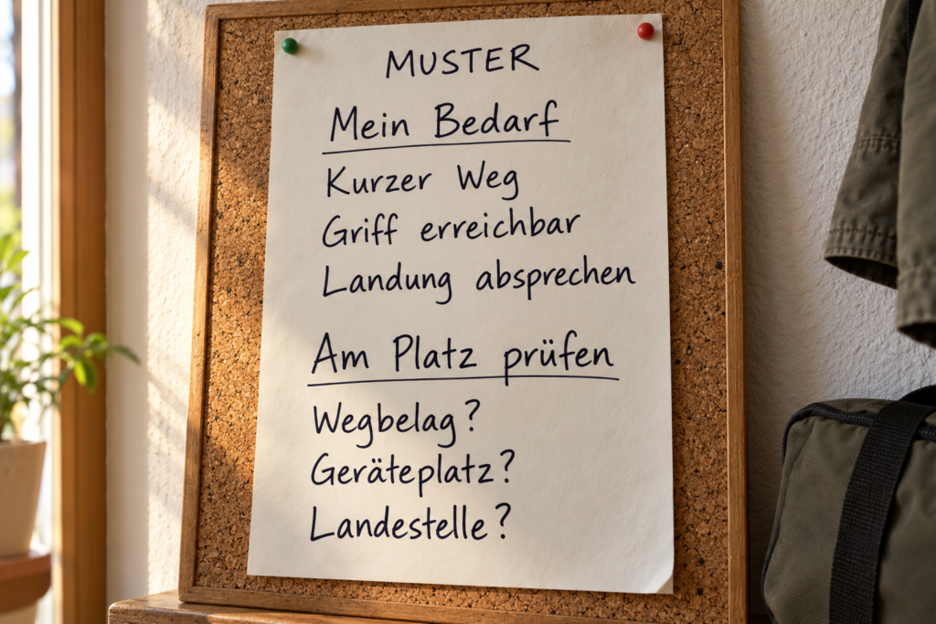 Musternotiz an einer Korktafel mit den Überschriften Mein Bedarf und Am Platz prüfen sowie Einträgen zu Weg, Griff und Landung.