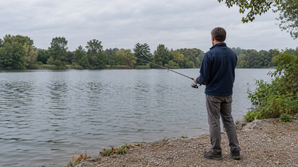 Angler mit einer Rute am kiesigen Ufer eines Sees