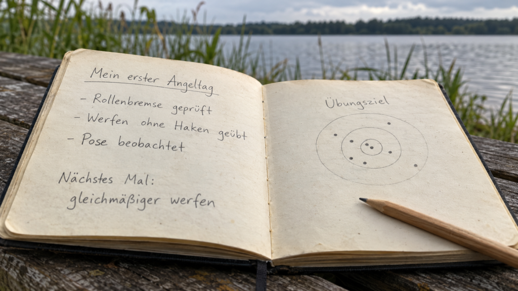 Offenes Lerntagebuch mit Einträgen zu Rollenbremse, Wurfübungen ohne Haken und Posenbeobachtung sowie einer Zielskizze