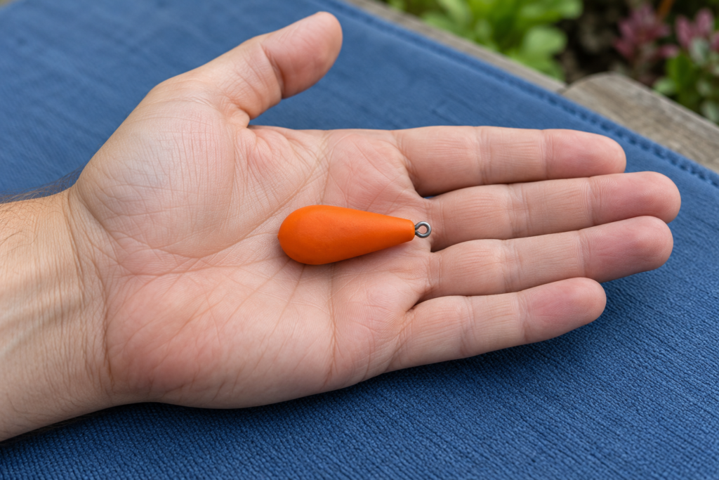 Offene Hand mit einem kleinen abgerundeten orangefarbenen Übungsgewicht mit geschlossener Metallöse, ohne Haken und Schnur.