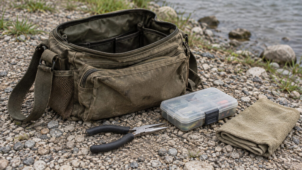 Offene Angeltasche mit Köderbox, Zange und gefaltetem Tuch auf Kies