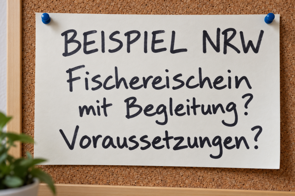 Am Korkbrett hängt eine Karte mit „BEISPIEL NRW“, „Fischereischein mit Begleitung?“ und „Voraussetzungen?“.