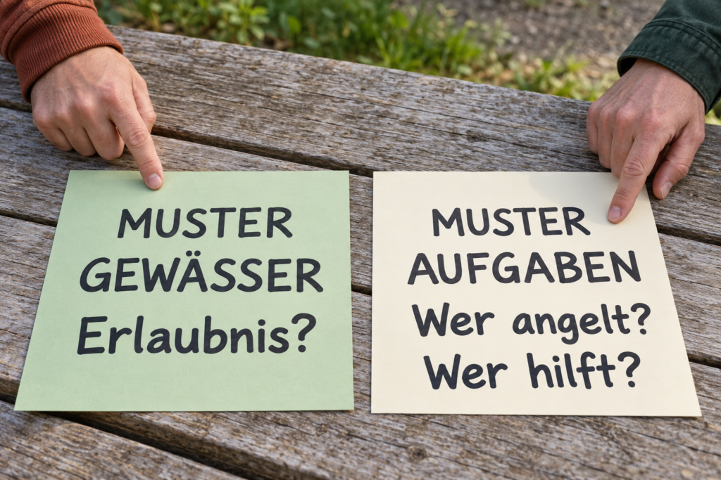 Zwei Hände zeigen auf getrennte Musterkarten zu Gewässererlaubnis und Aufgaben; darauf stehen „Erlaubnis?“, „Wer angelt?“ und „Wer hilft?“.