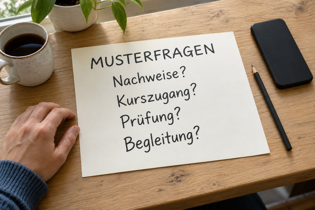 Blatt mit den Musterfragen „Nachweise?“, „Kurszugang?“, „Prüfung?“ und „Begleitung?“ auf einem Holztisch; eine Hand liegt am Papierrand.