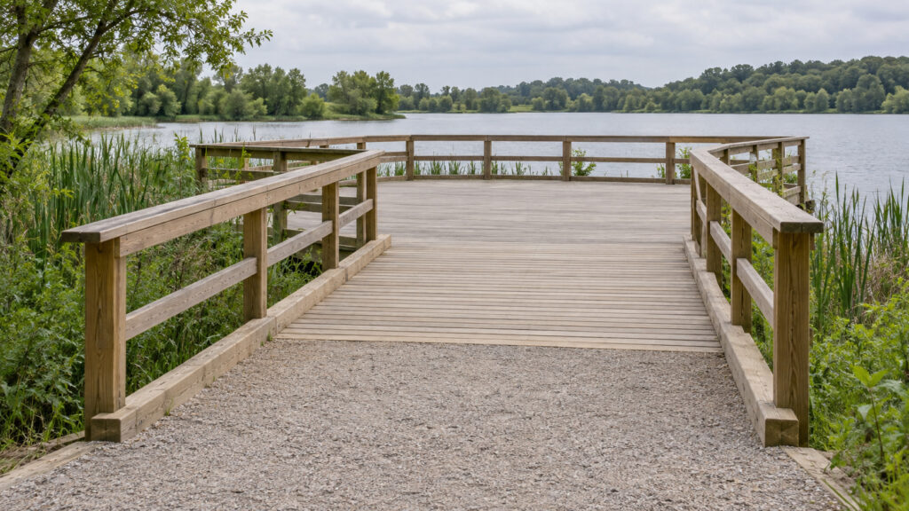 Breiter Kiesweg mit flachem Übergang auf eine Holzplattform mit Geländer