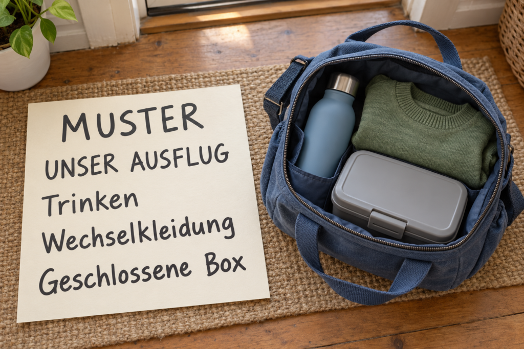Eine offene blaue Tasche enthält Trinkflasche, gefalteten Pullover und geschlossene Box; daneben liegt eine Musterliste mit diesen drei Punkten.