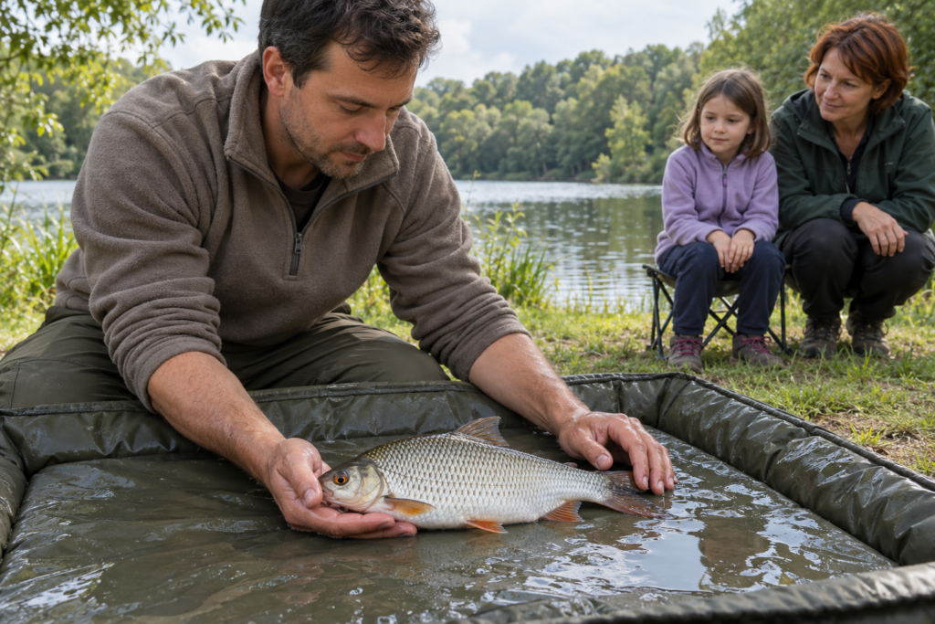 Ein Mann berührt einen Fisch auf einer nassen gepolsterten Unterlage; dahinter schaut ein Kind neben einer Frau zu.