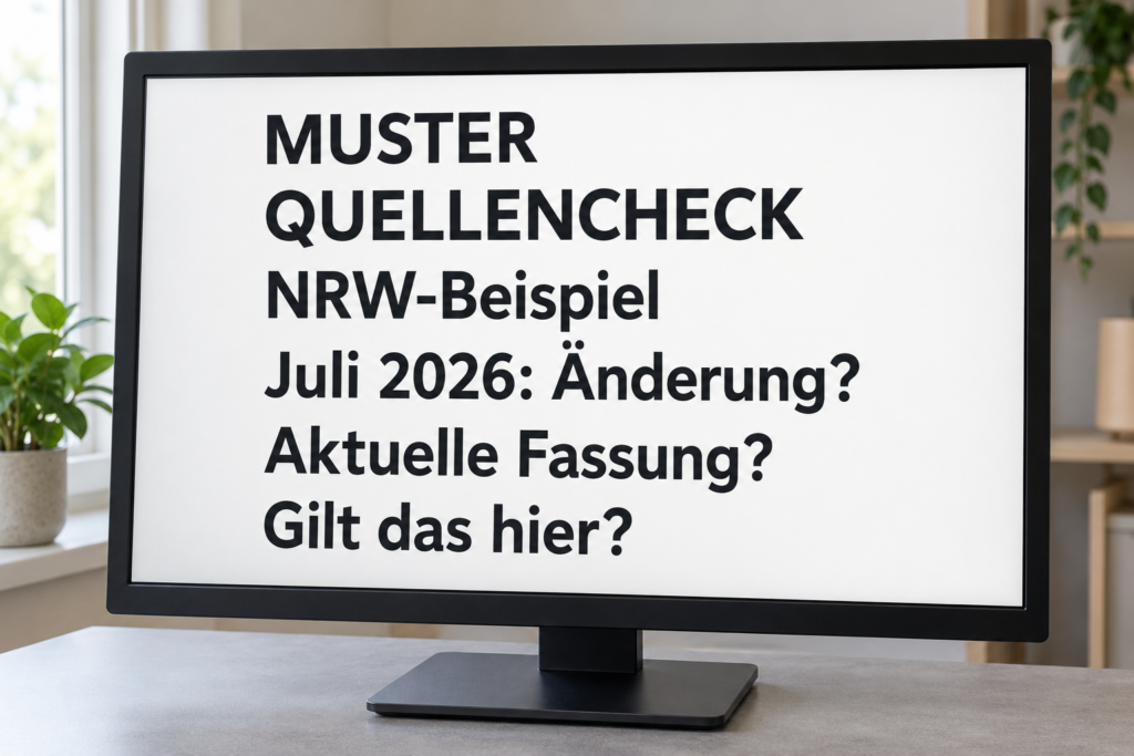 Ein Monitor zeigt einen eigenen Muster-Quellencheck zu NRW und Juli 2026 mit offenen Fragen zur Aktualität und Anwendbarkeit.