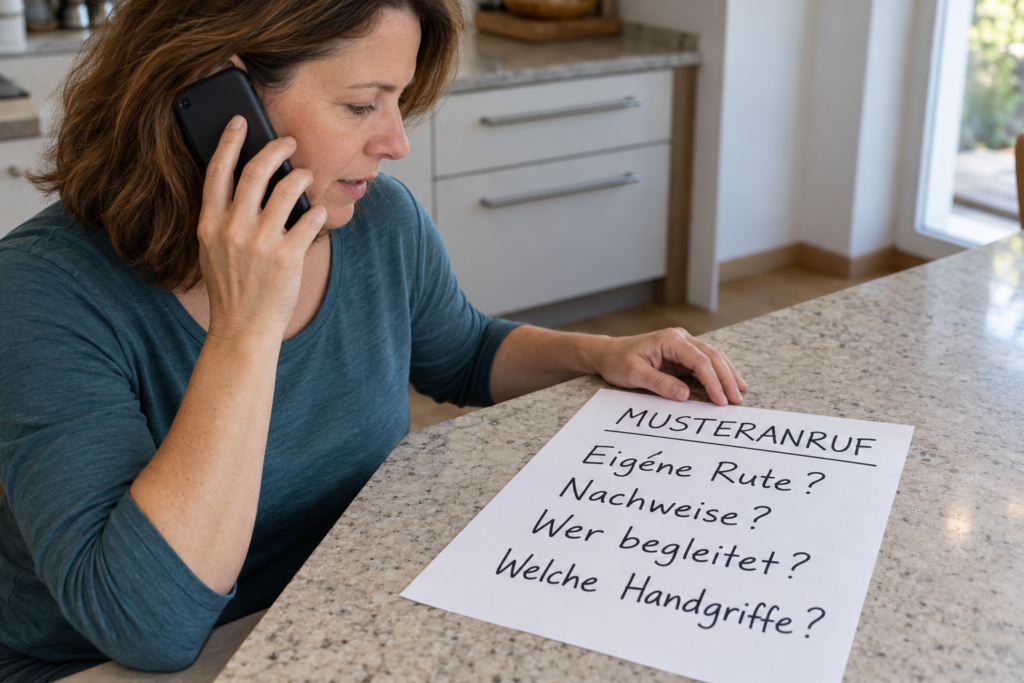 Eine Person telefoniert neben einem Musterblatt mit Fragen zu eigener Rute, Nachweisen, Begleitung und Handgriffen.