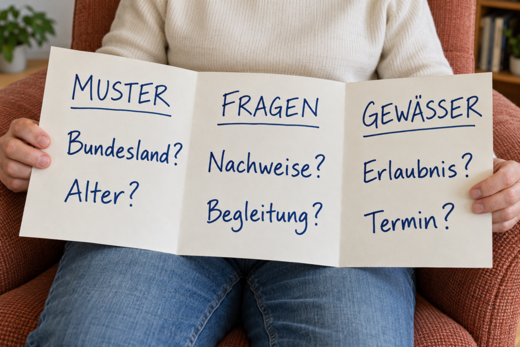 Zwei Hände halten ein gefaltetes Musterblatt mit offenen Fragen zu Bundesland, Alter, Nachweisen, Begleitung und Gewässer.
