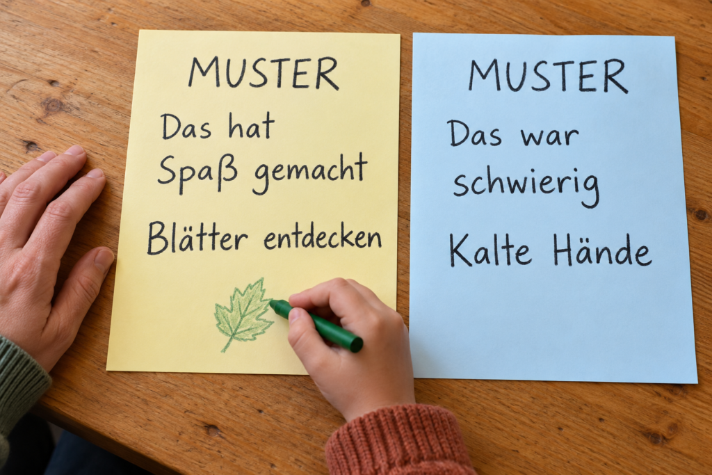 Zwei ausgefüllte Musterkarten nennen „Blätter entdecken“ und „Kalte Hände“; eine Kinderhand ergänzt auf der linken Karte eine grüne Blattskizze.