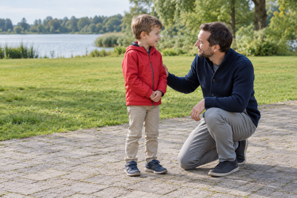 Ein Erwachsener kniet auf einer trockenen Pflasterfläche direkt vor einem Kind; beide schauen einander an, der See liegt hinter einer breiten Wiese.