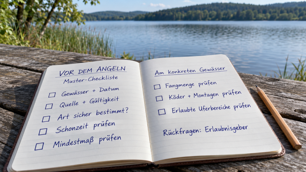 Beschriebene Muster-Checkliste mit offenen Prüffeldern zu Artbestimmung, Schonzeit, Mindestmaß und örtlichen Angelregeln
