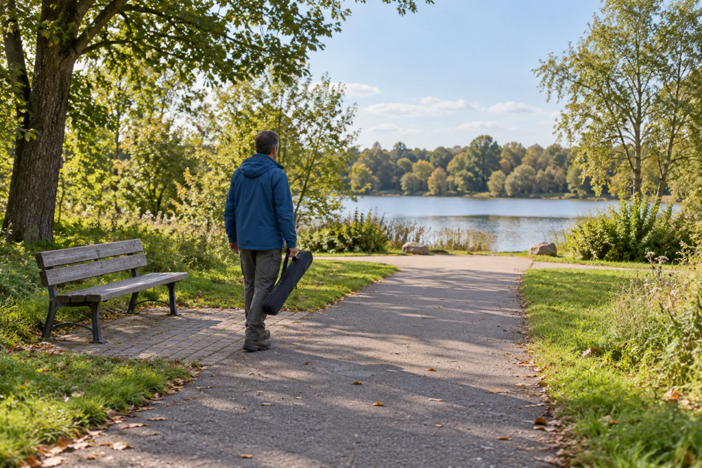 Eine Person mit geschlossener Tasche auf einem befestigten Weg bei Tageslicht; neben dem Weg steht eine Bank, im Hintergrund liegt ein See.