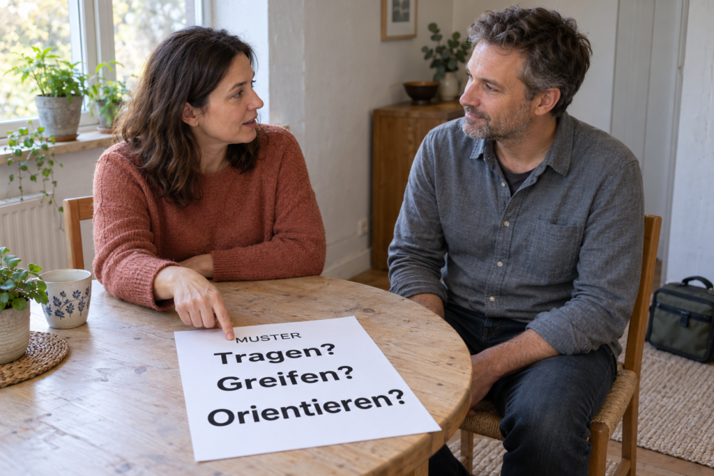 Zwei Erwachsene am runden Tisch; eine Person zeigt auf ein Musterblatt mit den Fragen Tragen, Greifen und Orientieren.