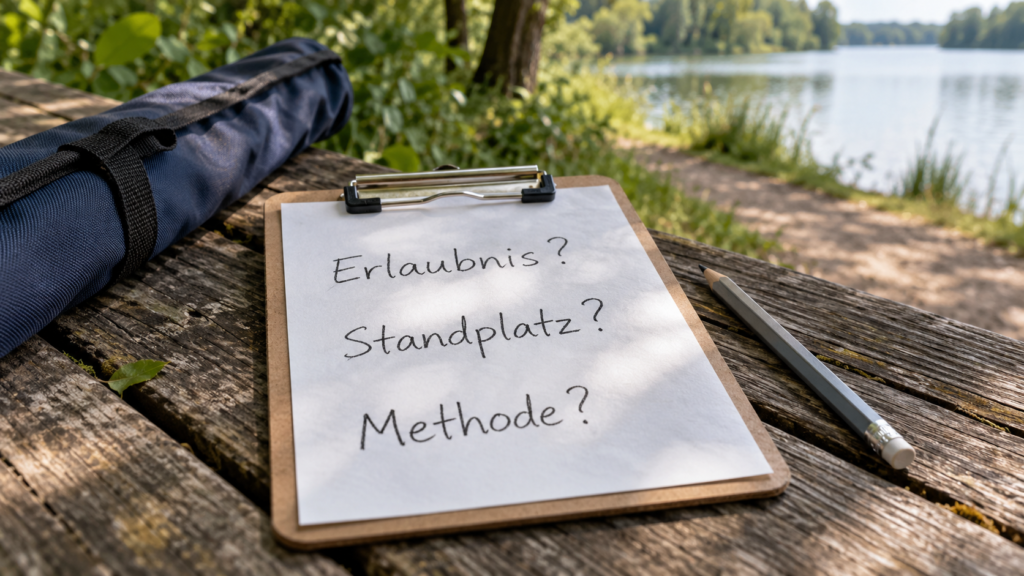 Auf einem kleinen Klemmbrett stehen die drei Fragen „Erlaubnis?“, „Standplatz?“ und „Methode?“; daneben liegt ein geschlossenes Rutenfutteral.