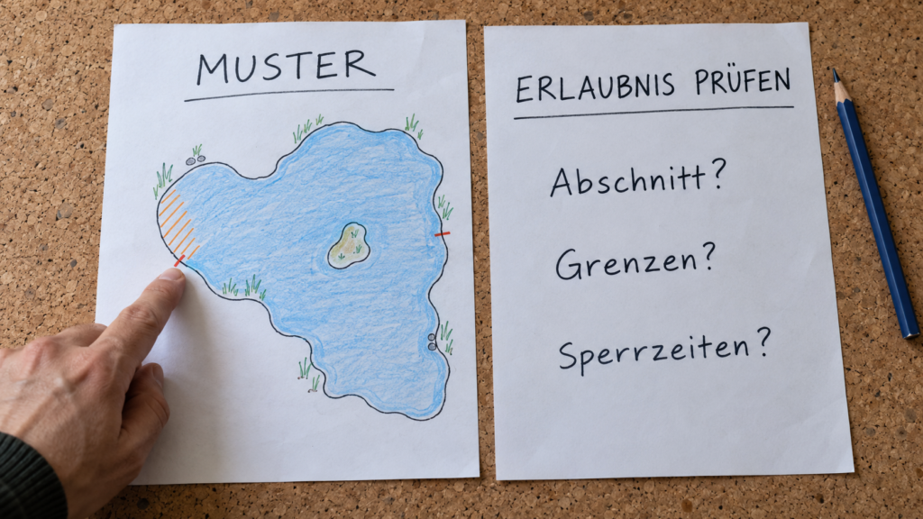 Eine einfache Karte mit der Überschrift „MUSTER“ liegt neben einem Blatt „ERLAUBNIS PRÜFEN“ mit offenen Fragen zu Abschnitt, Grenzen und Sperrzeiten.