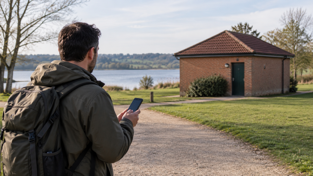 Eine Person steht an einem trockenen Weg vor einem kleinen geschlossenen Gebäude und hält ein Smartphone; das Seeufer liegt weit im Hintergrund.
